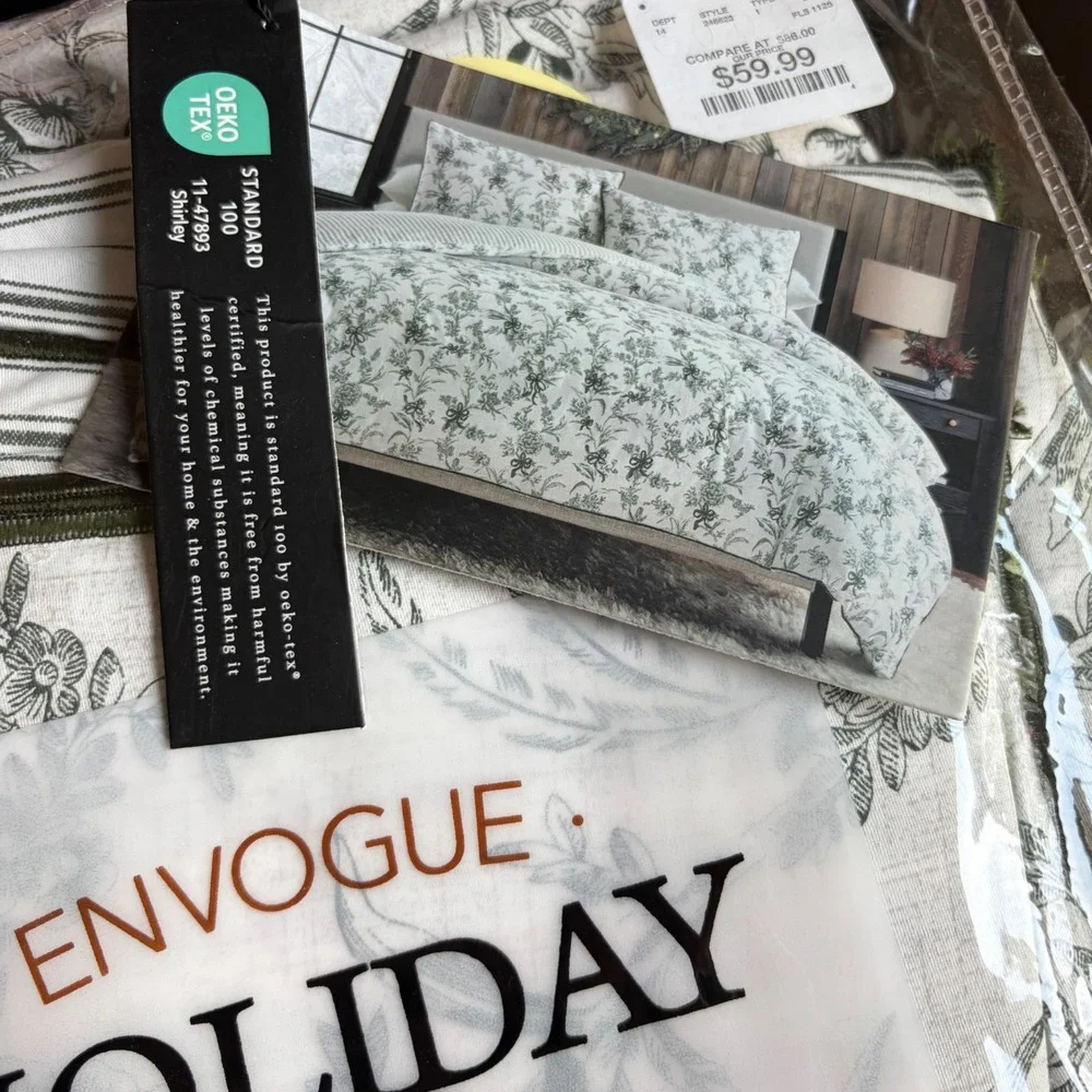 NWT EnVogue Duvet Set Holiday Floral Toile Bows Reversible King Green Cottage